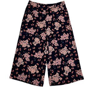 Loft Ankle Length Navy Blue and Pink Floral Wide Leg Pants Size 6